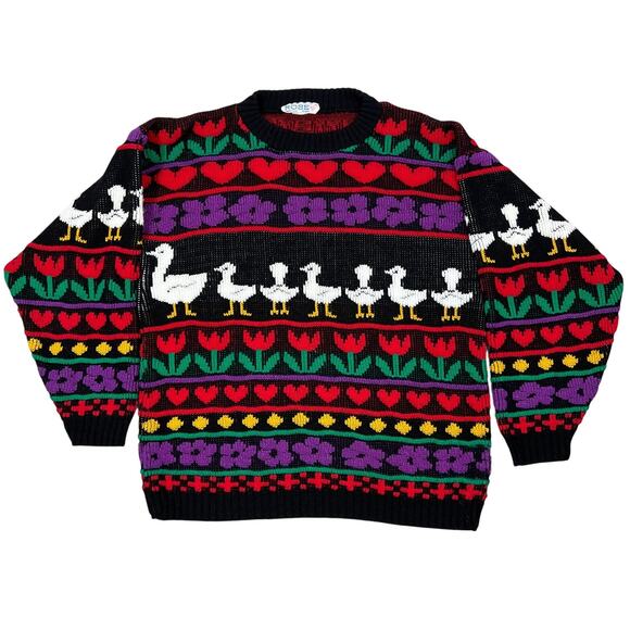 VTG 80s 90s Goose Duck Floral Cottagecore Sweater Womens Medium Black Red Purple - Picture 1 of 16